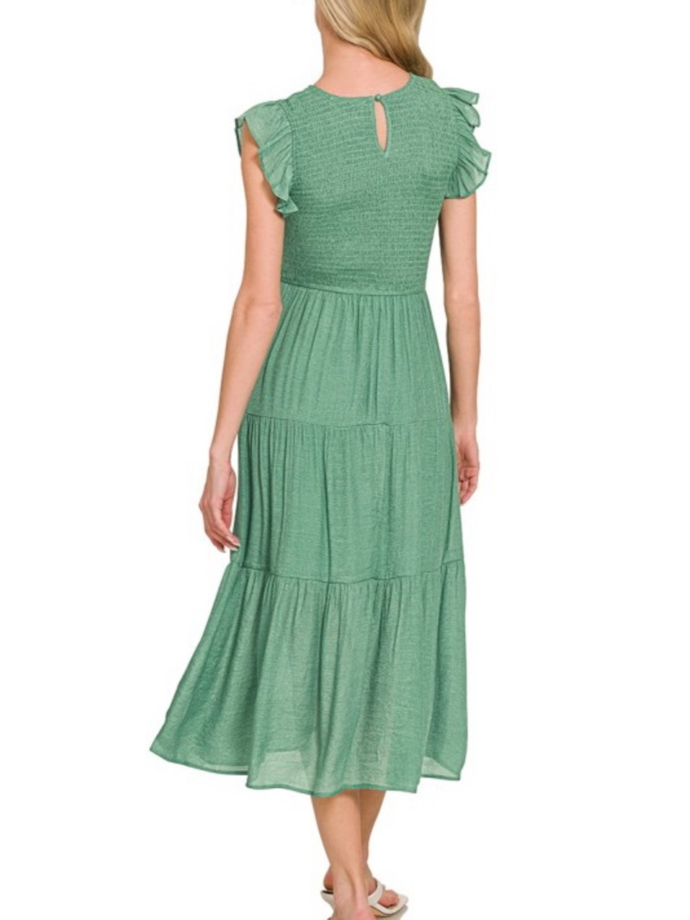 NWT Zenana Black Woven Smocked Ruffle Sleeve Midi Dress - Picture 3 of 5